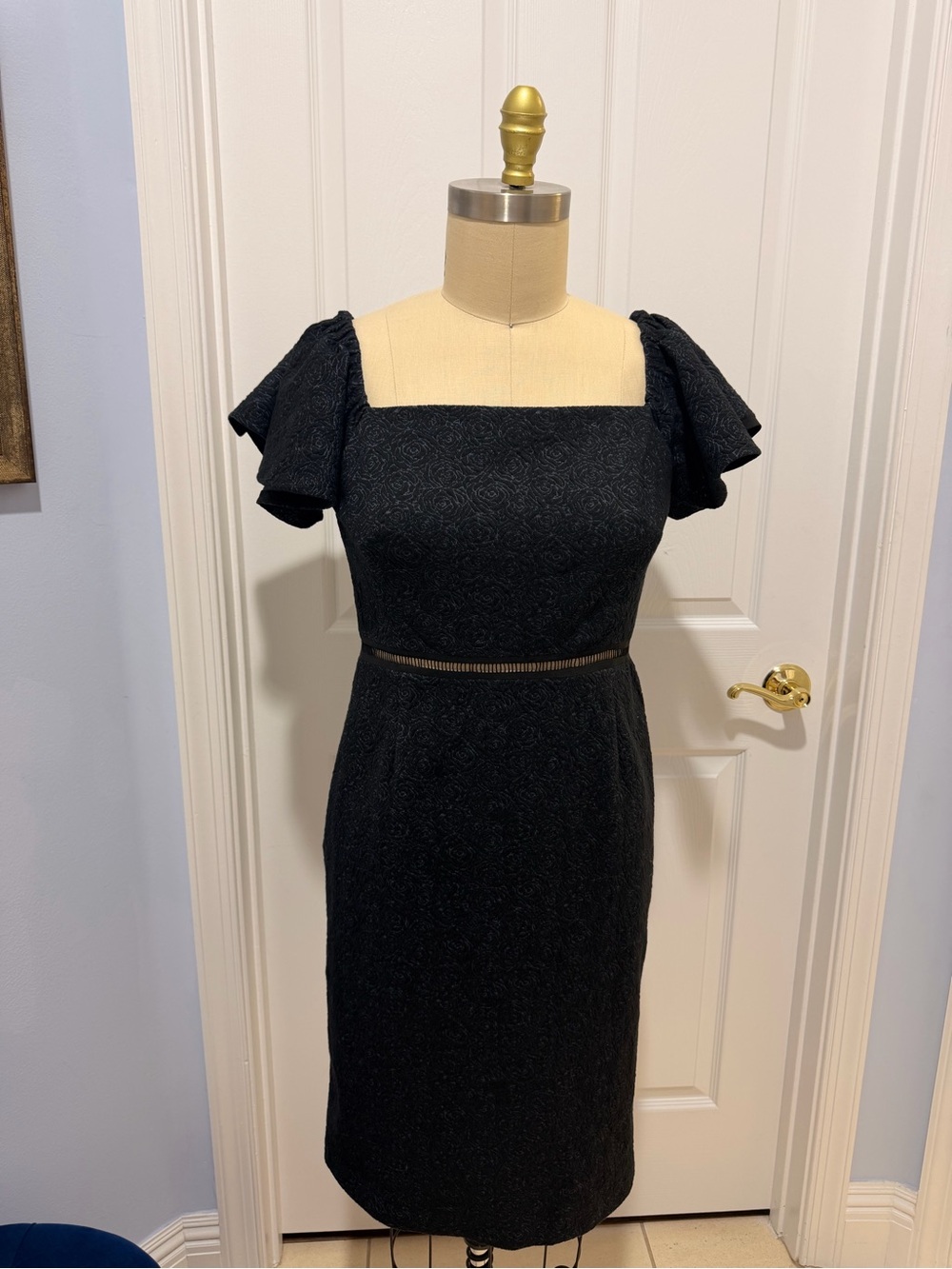 Rebecca Taylor Black Textured Square-Neck Midi Dress with Flutter Sleeves